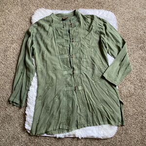 Geeta Tunic Top Over Shirt Embroidered Bohemian Button Front Green Rayon India
